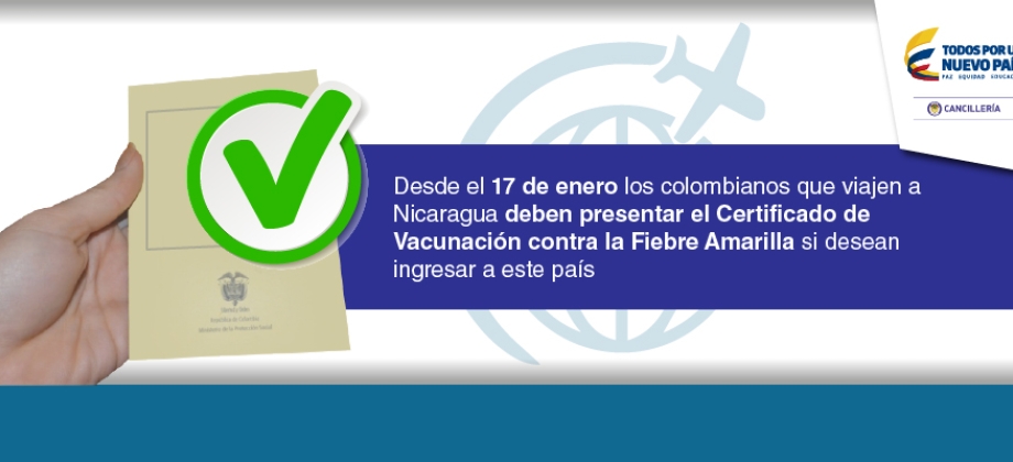 Desde el 17 de enero los colombianos que viajen a Nicaragua deben presentar el Certificado de Vacunación contra la Fiebre Amarilla 